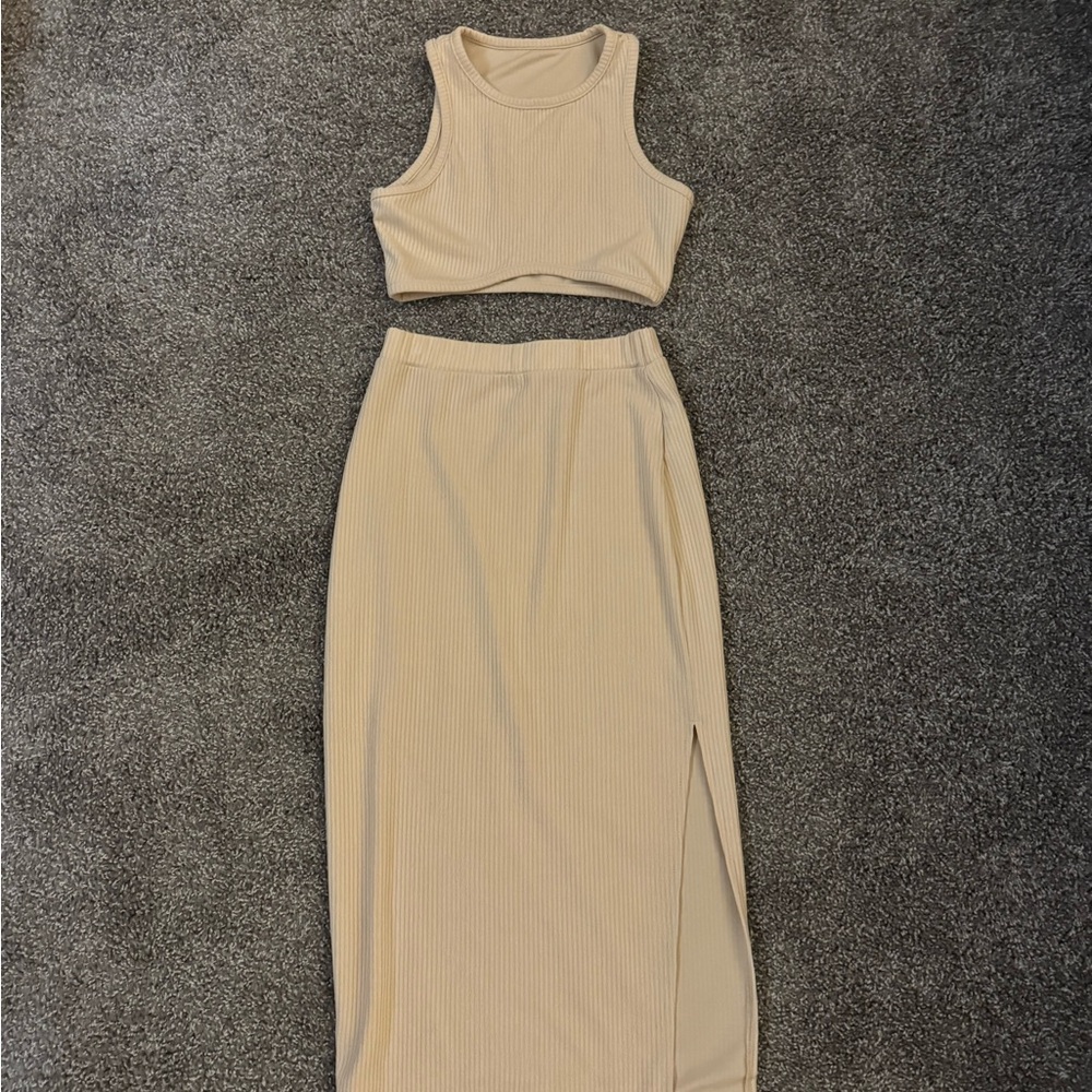 Beige Crop Top and Skirt Set